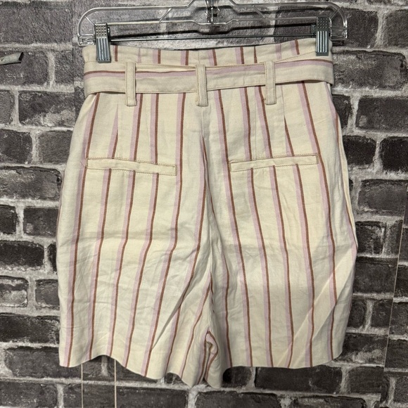 By Anthropologie Edisto Paperbag-Waisted Shorts cream brown pink stripe linen - Picture 10 of 11